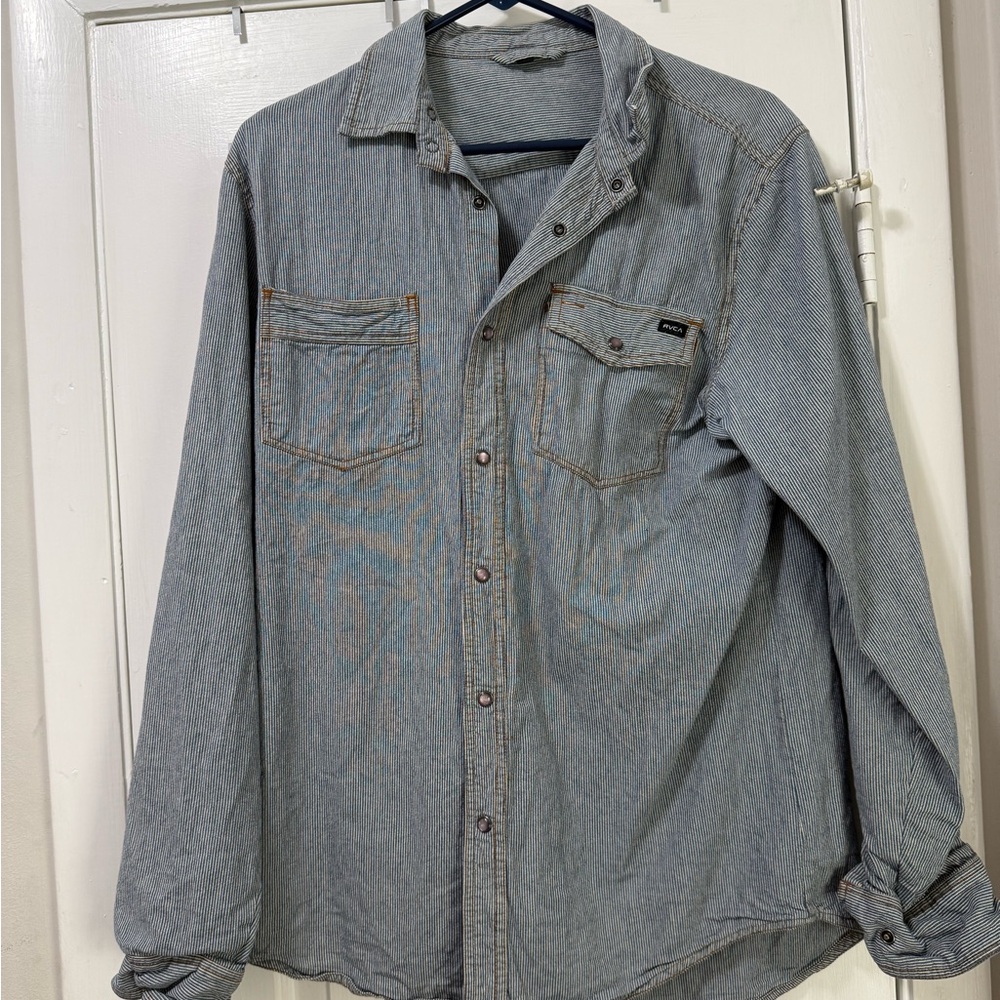 RVCA Striped Blue Denim Shirt Violet Snaps